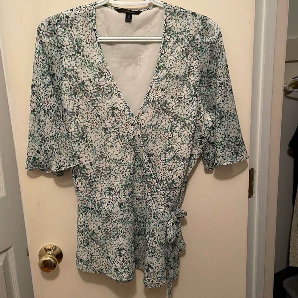 Banana Republic, green, blue wrap around blouse. Hook and eye closure.